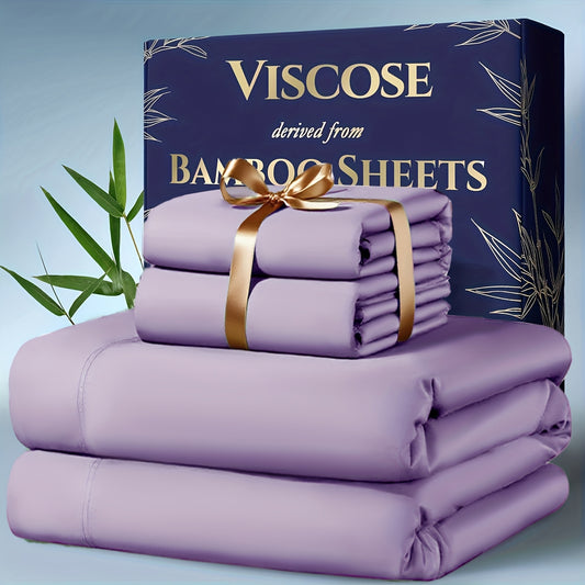 4pcs Bamboo Cooling Bedding - Extra Deep Pocket Breathable And Cooling - Suitable for Hot Sleepers And Sweats, Children Pillowcases, Flat Sheet And Fitted Sheet - A Perfect Gift for Family, Queen And King Sizes, Next Day Delivery