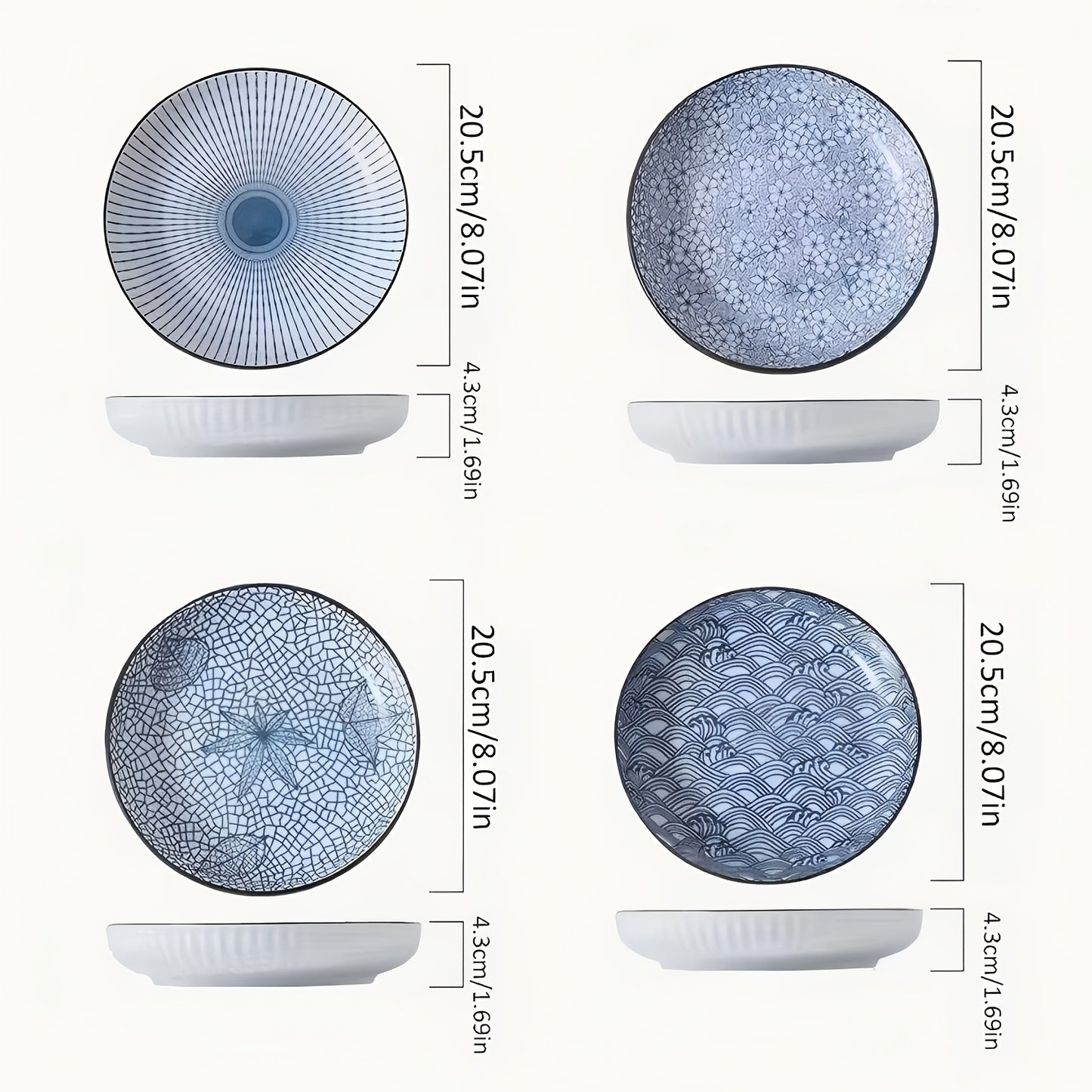 4pcs Round Ceramic Plates Suitable for Serving Pasta, Salad, Bread & Desserts - Blue and White Shallow Plates for Holiday Dining Table Settings, Bread & Snack Serving, Easy to Clean, for Christmas, Easter, Thanksgiving Gatherings