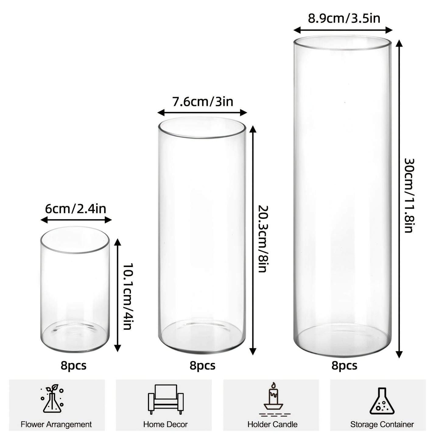 Clear Glass Cylinder Vases 24pcs Bulk Set - 4, 8, 12 Inch Tall Flower Vases for Centerpieces, Hurricane Floating Candle Holder for Wedding Party Table Home Decor, Valentine's Day Gift