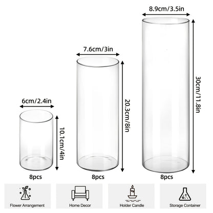 Clear Glass Cylinder Vases 24pcs Bulk Set - 4, 8, 12 Inch Tall Flower Vases for Centerpieces, Hurricane Floating Candle Holder for Wedding Party Table Home Decor, Valentine's Day Gift