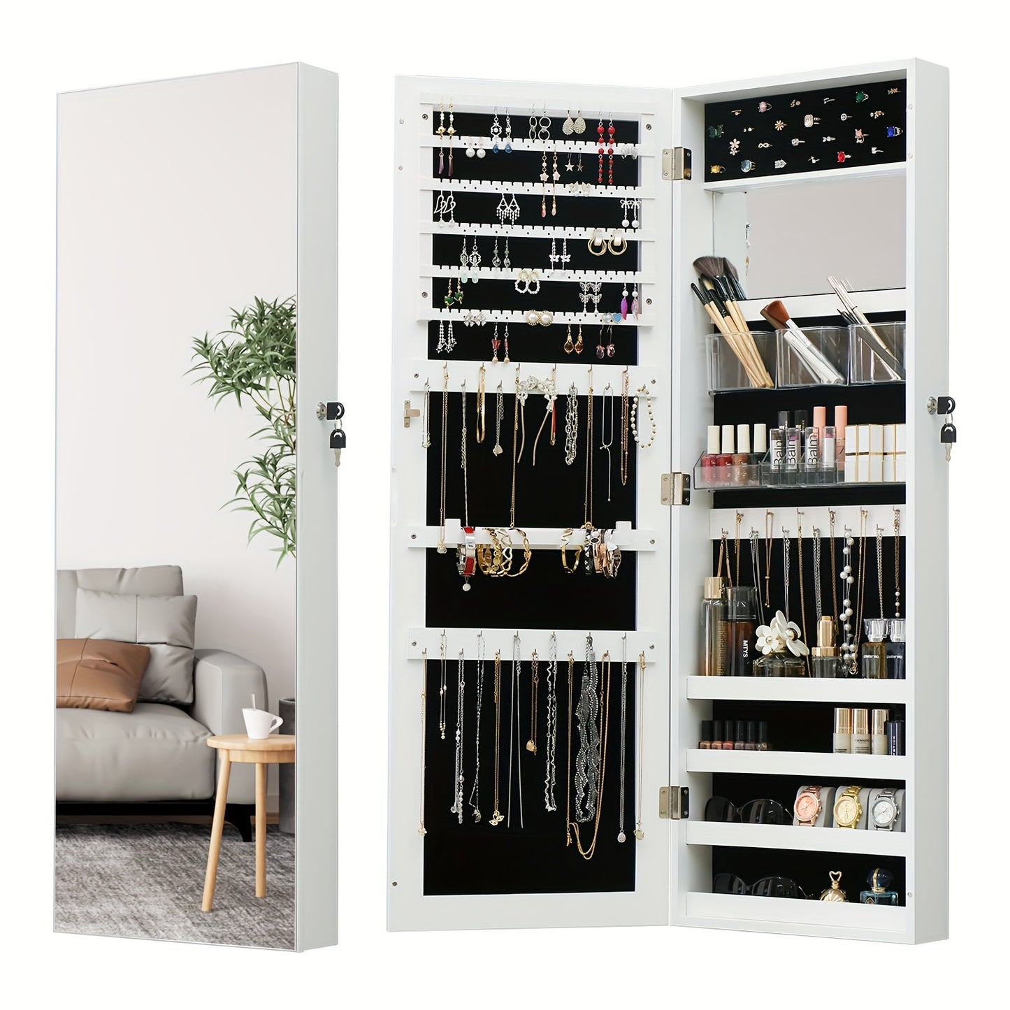 Full Length Mirror Jewelry Armoire Jewelry Cabinet - 2-in-1 Organizer For Makeup And Jewelry Lockable Storage Over The Door Mirror With Jewelry Storage Baskets, Bins & Containers