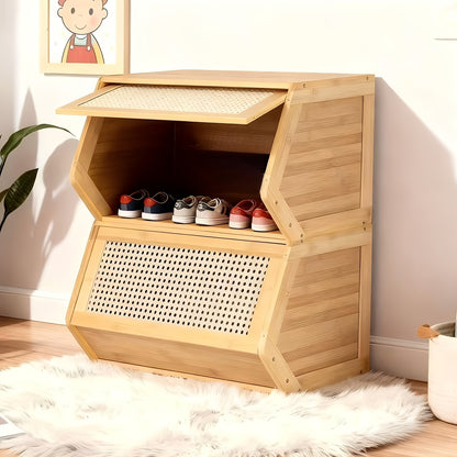 Stackable Bamboo Shoe Rack 20-33.85in With 1 Flip Drawer Narrow Freestanding Storage For Entryway Living Room