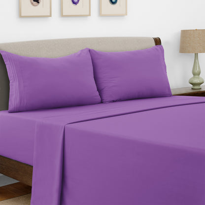 Lux Decor 4 Pieces Solid Bed Sheets - Stylish Comfy Bedding Set - Hotel Luxury Skin Friendly Cooling Sheets & Embroidered Pillowcases Without Filler - Classic Collection With 16 Inches Deep Pocket - Brushed 100% polyester- Shrinkage & Fade Resistant