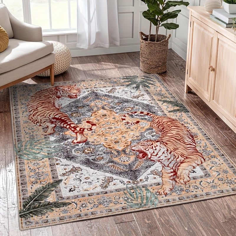 A Regional Area Rug with a Tiger Design Inspired by Jungle Forests, This Washable Carpet Is Perfect for Living Rooms And Bedrooms. It Features a Non-Slip Surface And Is Ultra-Thin, Making It Suitable for Home Offices And Indoor Decoration