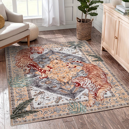 A Regional Area Rug with a Tiger Design Inspired by Jungle Forests, This Washable Carpet Is Perfect for Living Rooms And Bedrooms. It Features a Non-Slip Surface And Is Ultra-Thin, Making It Suitable for Home Offices And Indoor Decoration