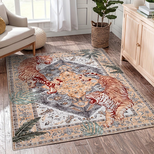 A Regional Area Rug with a Tiger Design Inspired by Jungle Forests, This Washable Carpet Is Perfect for Living Rooms And Bedrooms. It Features a Non-Slip Surface And Is Ultra-Thin, Making It Suitable for Home Offices And Indoor Decoration