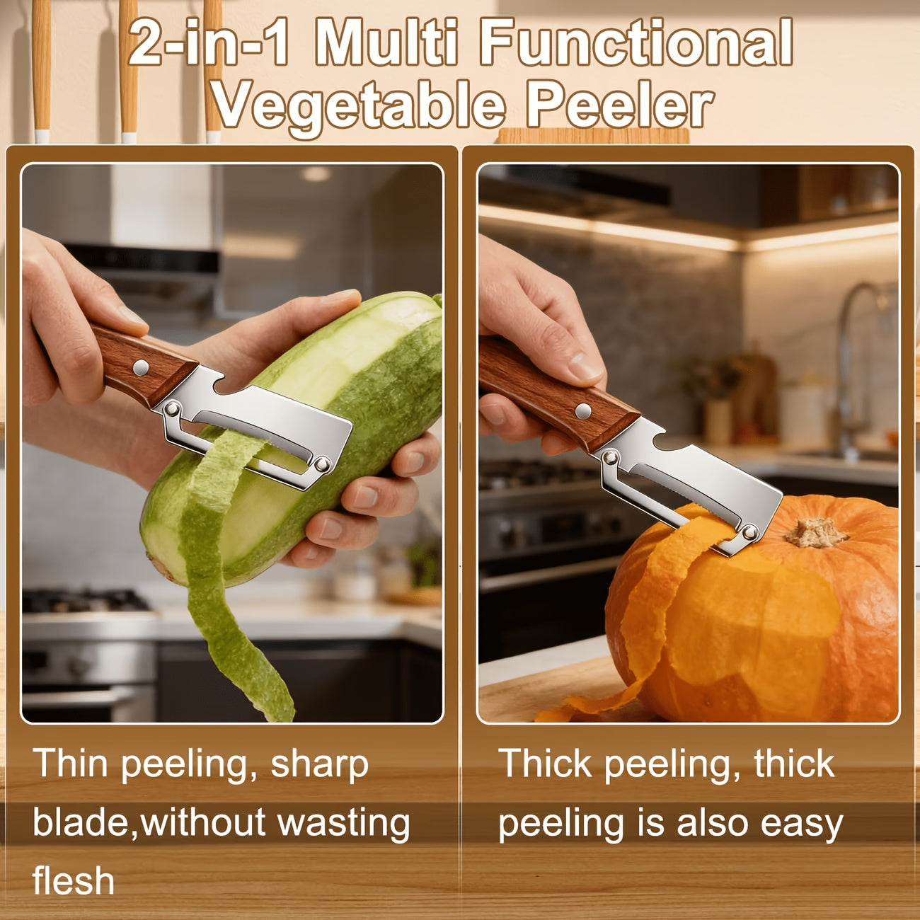 2pcs Heavy-duty Stainless Steel Fruit and Vegetable Peeler and Slicer Set, Equipped with Scallion Cutter. Multi-functional Kitchen Gadgets with Straight Blade and Ergonomic Design, Premium Vegetable Peeler Featuring Wooden Handle and Bottle Opener