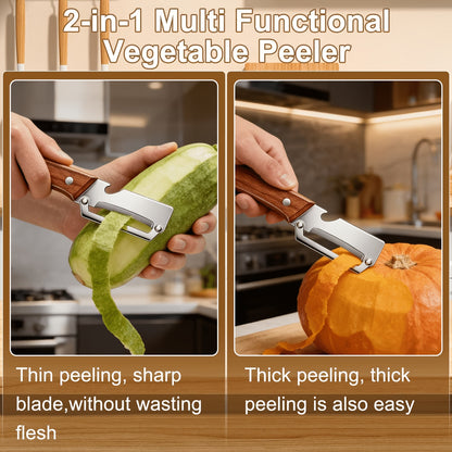 2pcs Heavy-duty Stainless Steel Fruit and Vegetable Peeler and Slicer Set, Equipped with Scallion Cutter. Multi-functional Kitchen Gadgets with Straight Blade and Ergonomic Design, Premium Vegetable Peeler Featuring Wooden Handle and Bottle Opener