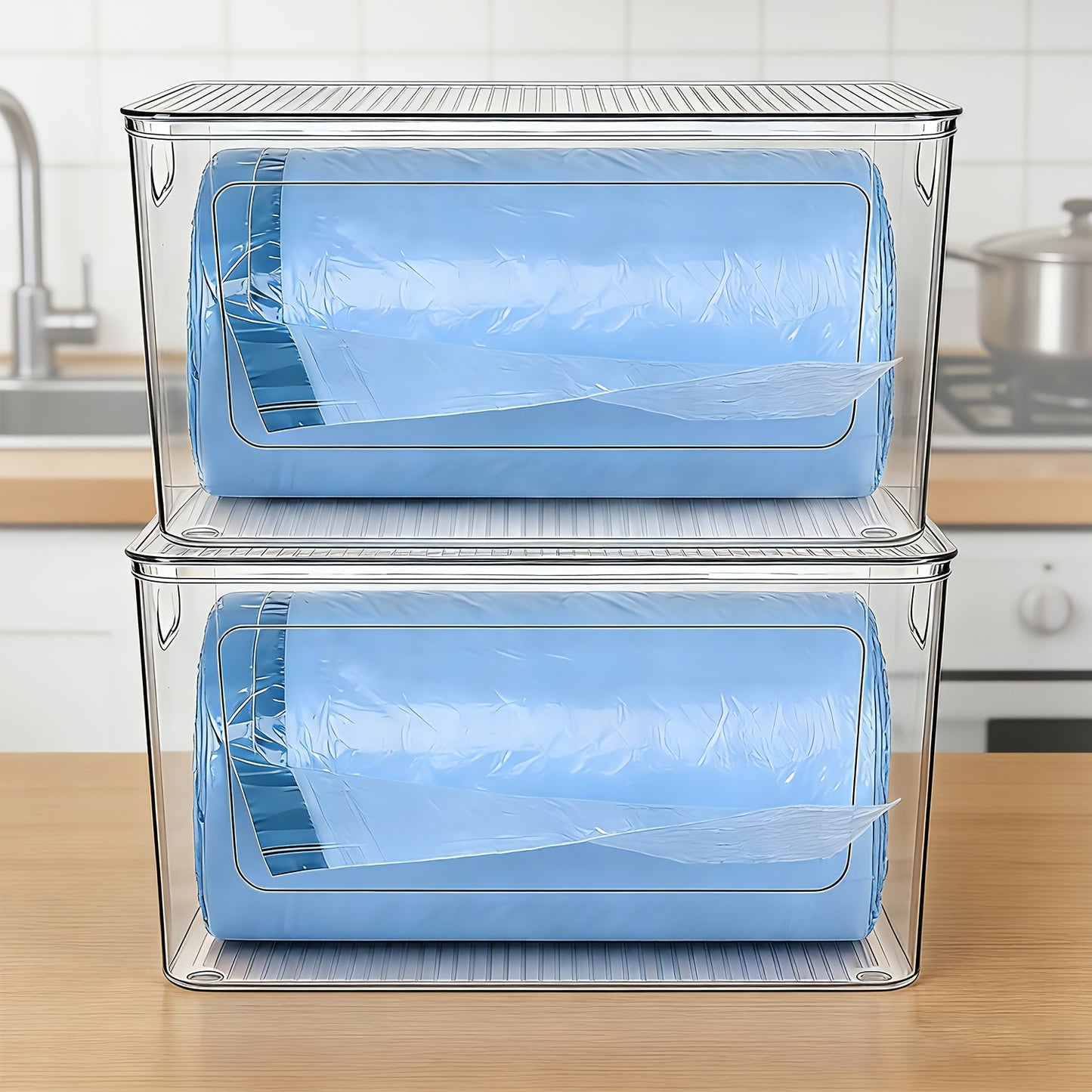Trash Bag Dispenser 2 Pack – Clear Stackable Garbage Bag Holder for 13/30/33 Gallon Bags, Under Sink Organizer, Locking Lid, Anti-Slip, Kitchen Pantry Laundry Room Cabinet Storage