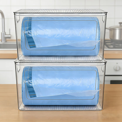 Trash Bag Dispenser 2 Pack – Clear Stackable Garbage Bag Holder for 13/30/33 Gallon Bags, Under Sink Organizer, Locking Lid, Anti-Slip, Kitchen Pantry Laundry Room Cabinet Storage