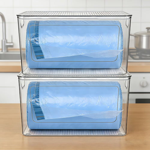 Trash Bag Dispenser 2 Pack – Clear Stackable Garbage Bag Holder for 13/30/33 Gallon Bags, Under Sink Organizer, Locking Lid, Anti-Slip, Kitchen Pantry Laundry Room Cabinet Storage