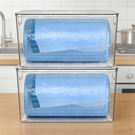 Trash Bag Dispenser 2 Pack – Clear Stackable Garbage Bag Holder for 13/30/33 Gallon Bags, Under Sink Organizer, Locking Lid, Anti-Slip, Kitchen Pantry Laundry Room Cabinet Storage