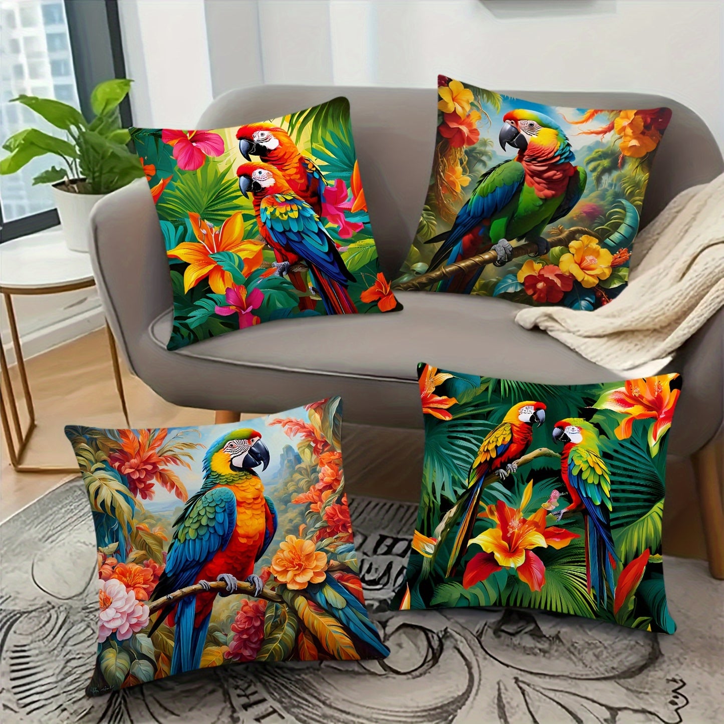 4pcs Vibrant Tropical Parrot and Lush Floral Print Throw Pillow Cover, 18x18 Inch, Soft Polyester, Zipper Closure, Machine Washable - Perfect for Home, Office and Bedroom Decor, Vibrant Room Decor | Floral Design | Bird Decor