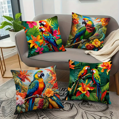 4pcs Vibrant Tropical Parrot and Lush Floral Print Throw Pillow Cover, 18x18 Inch, Soft Polyester, Zipper Closure, Machine Washable - Perfect for Home, Office and Bedroom Decor, Vibrant Room Decor | Floral Design | Bird Decor