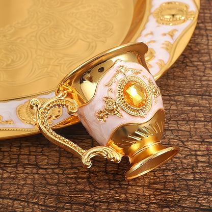 Zinc Alloy Material, A Stylish And Durable Set Of Golden Coffee Pot, European-style Tea Set, 6 Luxurious Coffee Cups, Elegant And Generous Guest Drinking Utensil Set, Craft Tea Tray And Teapot, Used For Tea, Coffee, Cappuccino