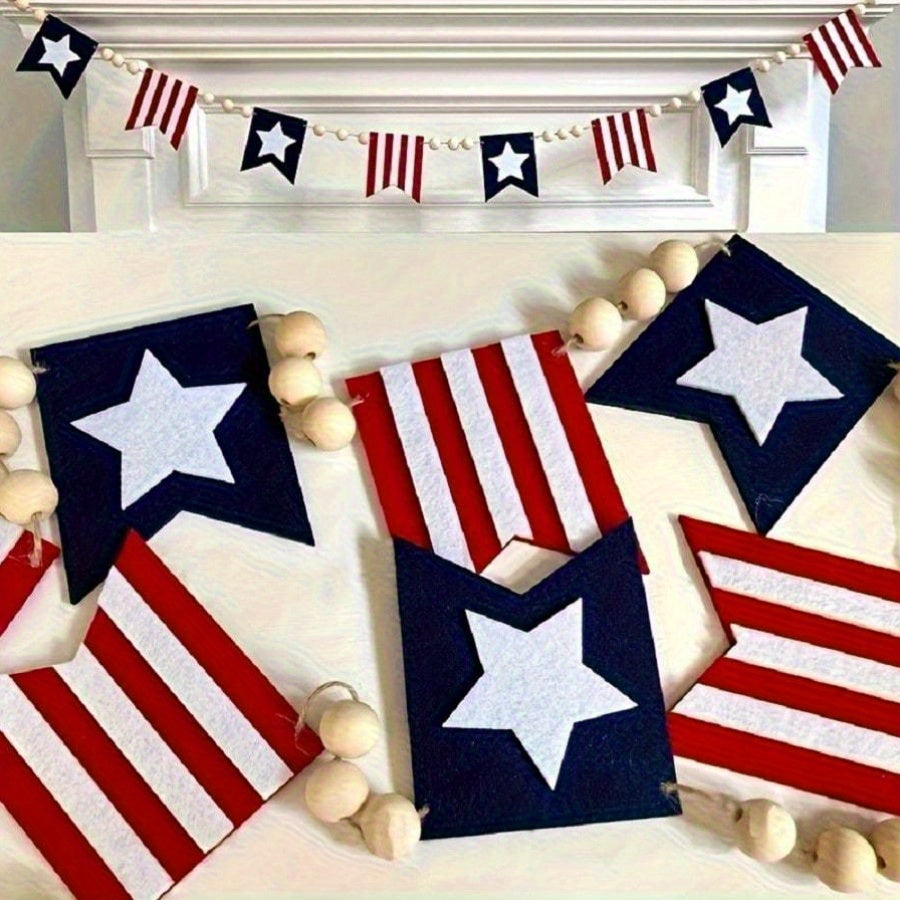 4th of July Patriotic Bunting Flags with Wood Bead Garland - Red White Blue Hanging Decor for Independence Day, American Theme Party, Fireplace Mantle & Home Wall Decoration