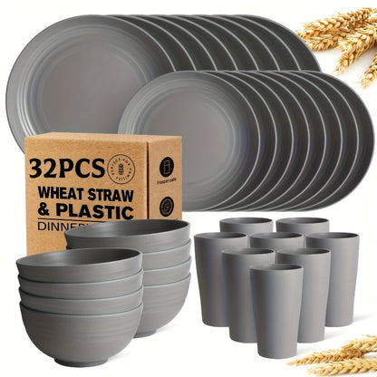 32/16pcs Dinnerware Sets Made from Wheat Straw, Including Plates And Bowls for 8 People, Featuring Black Plastic Dinnerware That Is Safe for Microwave And Dishwasher Use. This Dish Set Is Perfect for Valentine'S Day And Serves As a Durable Party Tab
