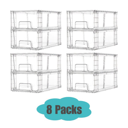 Clear Acrylic Storage Drawers with Handles - Stackable Refrigerator and Pantry Organizer Bins for Snacks Fruits and Vegetables, Food Safe Pull-Out Drawer Bins for Fridge Kitchen Cabinet Under Sink and Bathroom, Available in 4, 6, 8 or 10 Pack