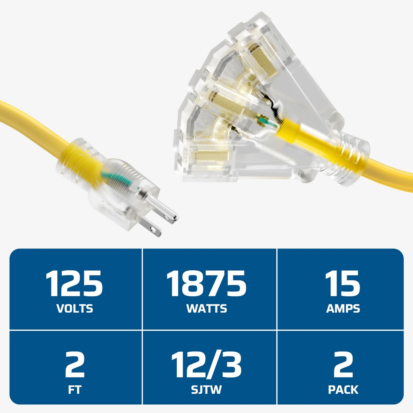 DEWENWILS 3 Gauge Tri-Tap Extension Cord Splitter (2-Pack) Heavy Duty Contractor Grade SJTW 15A with LED Lighted Plug, 2ft 12/ Yellow Jacket
