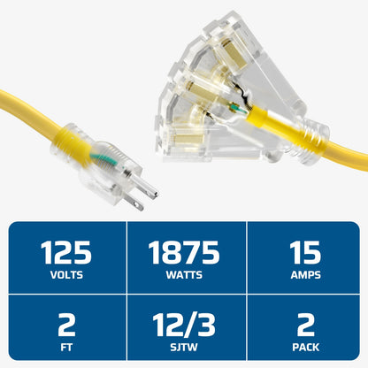 DEWENWILS 3 Gauge Tri-Tap Extension Cord Splitter (2-Pack) Heavy Duty Contractor Grade SJTW 15A with LED Lighted Plug, 2ft 12/ Yellow Jacket