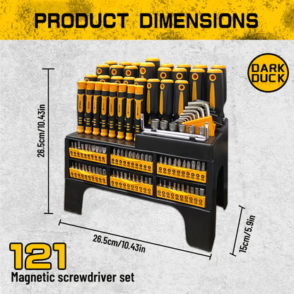 Magnetic Screwdriver Set 121-Piece – Chrome Vanadium Steel, Non-Slip Handle, Multi-Size Bits with Storage Rack, Magnetic Bowl, Gloves & Nail Puller – Complete DIY Tool Kit Gift for Men
