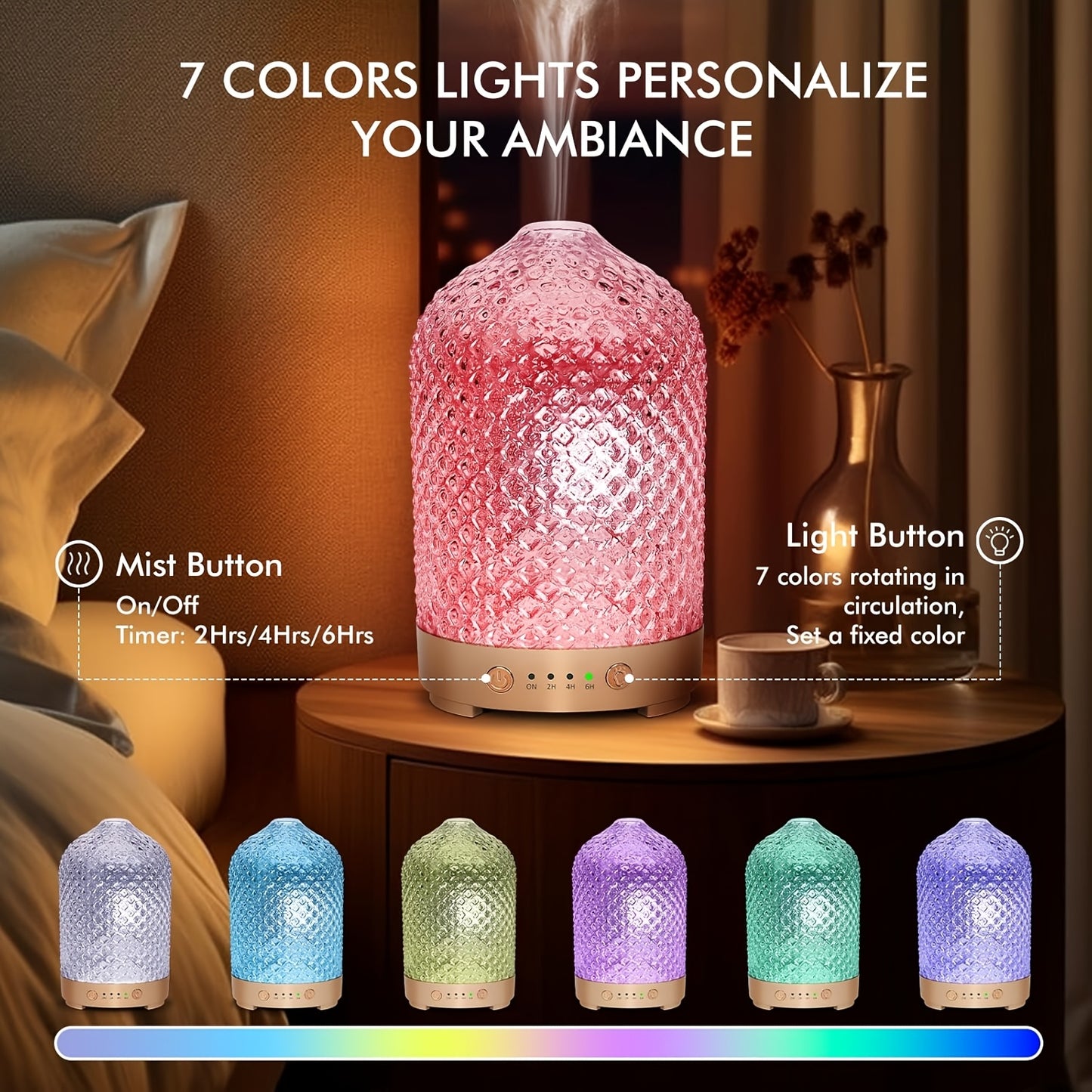 6.76oz Essential Oil Diffuser Featuring 7 Calming Colors, Silent Functionality, Automatic Timer, And Humidifying Feature for Peaceful Sleep