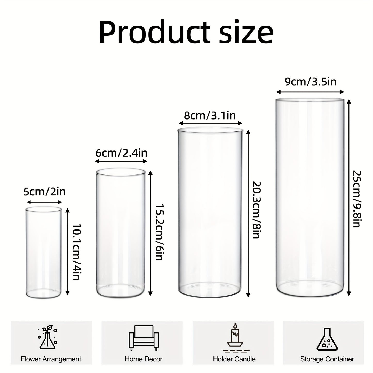 TOMNK 12/24/36/48pcs Clear Glass Candle Holder Cylinder Vases, 4, 6, 8, 10 Inch Tall Cylinder Vases for Candle, Glass Candle Vase, Hurricane Floating Candle Holder Vase for Table Shelf, Party, Wedding, Home Decor