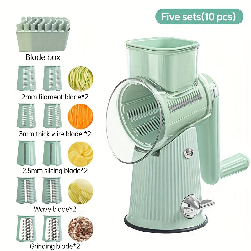 5-in-1 Manual Rotary Cheese Grater With Handle Interchangeable Blades, Easy To Clean Vegetable Slicer Shredder Set Strong Suction Cup Base Ideal For Fruits, Vegetables, And Nuts Multifunctional Kitchen Essential With Suction Cup Stability