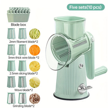 5-in-1 Manual Rotary Cheese Grater With Handle Interchangeable Blades, Easy To Clean Vegetable Slicer Shredder Set Strong Suction Cup Base Ideal For Fruits, Vegetables, And Nuts Multifunctional Kitchen Essential With Suction Cup Stability