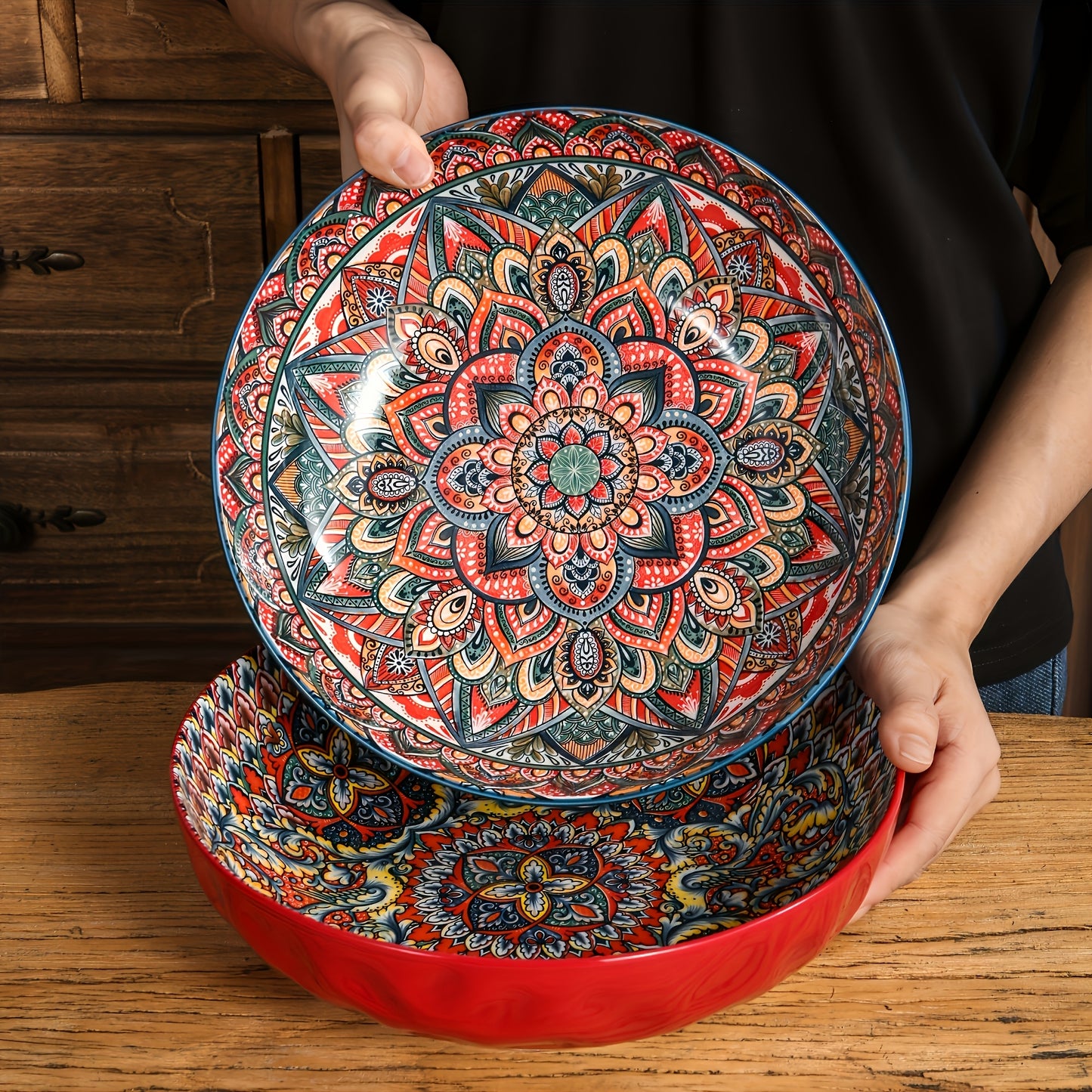 TAUFIKT 2pcs Bohemian Floral Ceramic Soup Bowl Set 25.8cm/10.15in Microwave-safe Hand-painted Design Vintage Tableware Perfect for Cooking And Dining Ideal Festive Gift Christmas, Valentine's Day, Thanksgiving