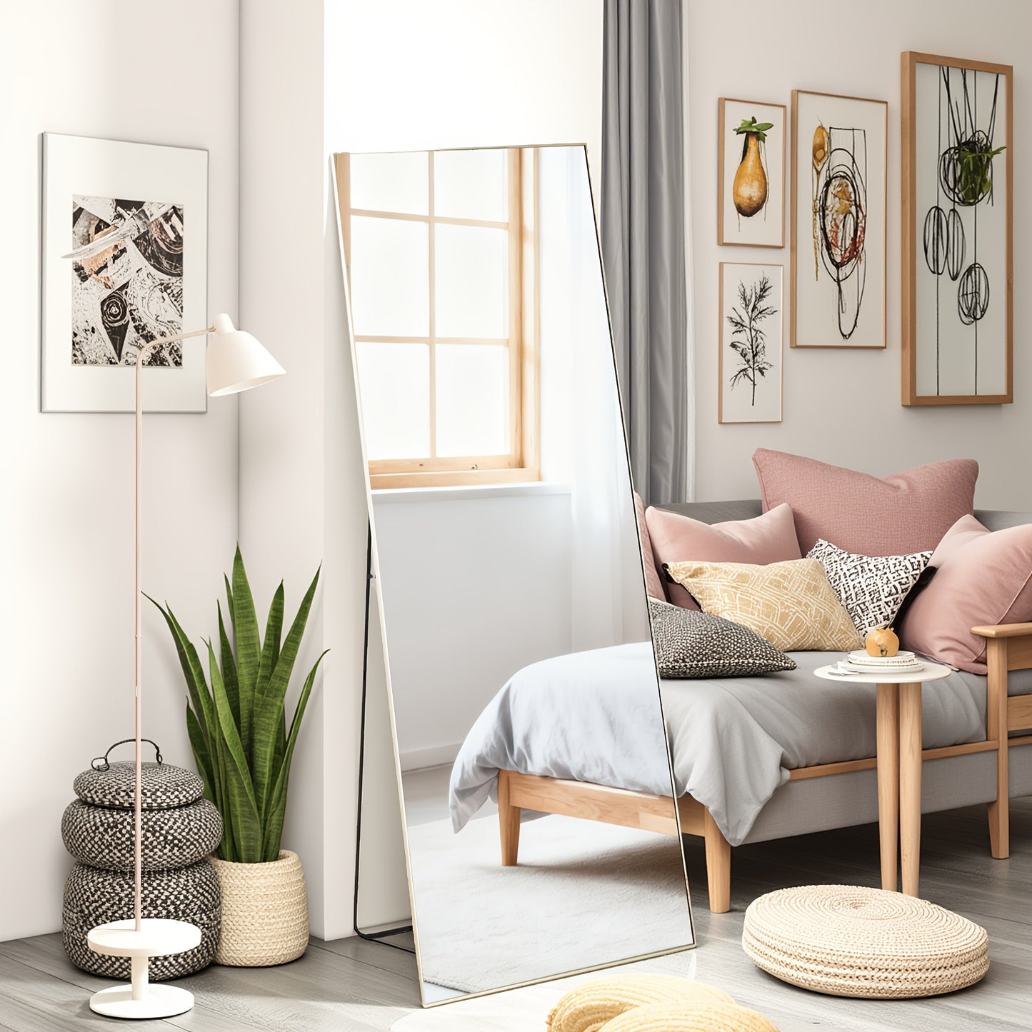 Arched/Rect Full Length Mirror, Full Body Mirror With Stand, Hanging Or Leaning For Wall, Aluminum Alloy Thin Frame Floor Standing For Hotels And Bathrooms