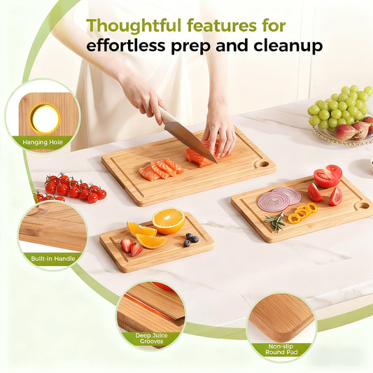 Set of Three Natural Wood Cutting Boards - Sturdy, Reversible Design Featuring a Juice Groove And Non-Slip Edges., Suitable for Meat And BBQ, Perfect for Home, Restaurant