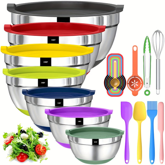 Stainless Steel Mixing Bowls with Airtight Lids 20-Piece Set – Non-Slip Silicone Bottom, Nesting Bowls in 7 Sizes (0.67–7 QT) for Mixing, Baking & Serving – Kitchen Bowl Set with Lids