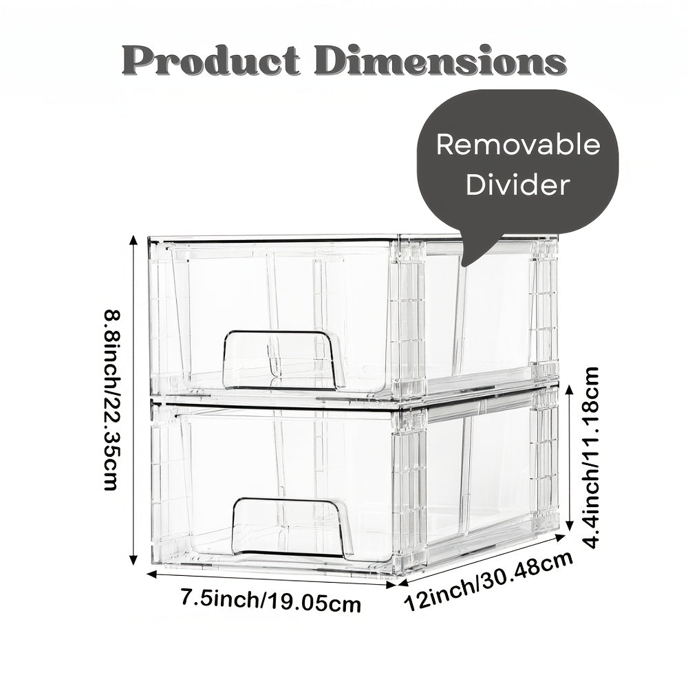 Clear Acrylic Storage Drawers with Handles - Stackable Refrigerator and Pantry Organizer Bins for Snacks Fruits and Vegetables, Food Safe Pull-Out Drawer Bins for Fridge Kitchen Cabinet Under Sink and Bathroom, Available in 4, 6, 8 or 10 Pack
