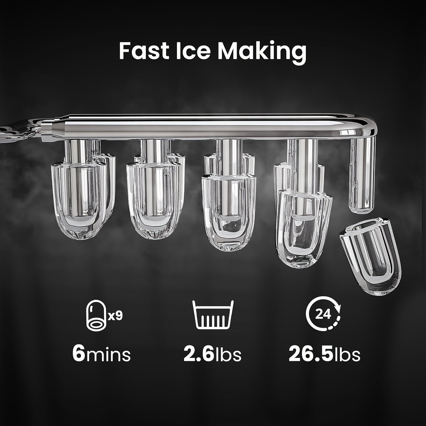 Countertop Bullet Ice Maker 26lbs/24H, 9 Bullet Ice Cubes in 6 Mins, 2 Sizes, Self-Cleaning Portable Ice Machine with Handle Ice Basket & Scoop, for Home Kitchen RV Camping