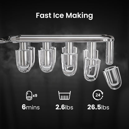 Countertop Bullet Ice Maker 26lbs/24H, 9 Bullet Ice Cubes in 6 Mins, 2 Sizes, Self-Cleaning Portable Ice Machine with Handle Ice Basket & Scoop, for Home Kitchen RV Camping