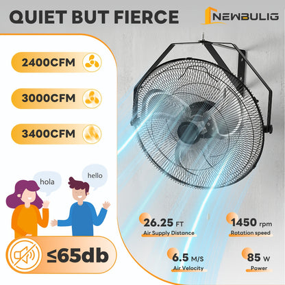 18''/20" Metal Wall Mount Fan, 3 Speed High Velocity Metal Fan, 3000CFM, Oscillating, Aluminum Blades, Quiet 65dB, Heavy Duty Wall Fan for Garage, Workshop, Patio, Warehouse