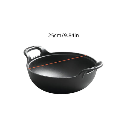 5 Sizes Cast Iron Wok, 7.87/ 9.84/ 10.62/ 11.81/ 12.59in Heavy-Duty Cast Iron Skillet, Traditional Uncoated Deep Stir-Fry Pan, Multi-functional Kitchen Cookware, Durable Cooking Pot with Dual Handles, Grilling Steaks & Baking, Ideal for Home, Outdoor
