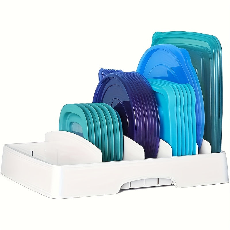 Adjustable Food Container Cover Storage Rack, Kitchen Storage Rack with 5 Baffles, Suitable for Cutting Boards, Pot Lids And Tableware And Chopsticks Storage Boxes