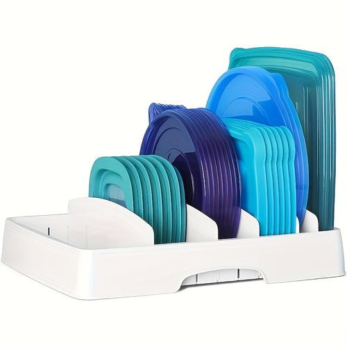 Adjustable Food Container Cover Storage Rack, Kitchen Storage Rack with 5 Baffles, Suitable for Cutting Boards, Pot Lids And Tableware And Chopsticks Storage Boxes
