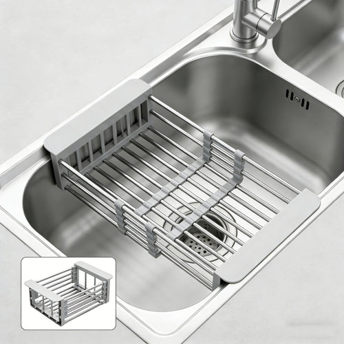 Stainless Steel Adjustable Sink Storage Rack - Extended Dish Rack with Drainless Design, Space Saving Modern Kitchen Storage, Adjustable Height And Retractable Width, Dish Drying Rack for Countertops, Durable And Easy to Clean Surface