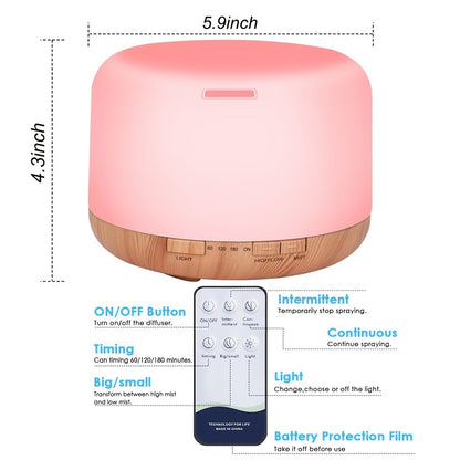 Large Room Essential Oil Diffuser 16.91oz – Timer, 7 Ambient LED Lights, No Water Auto-Off, Wood Grain Design for Home & Office