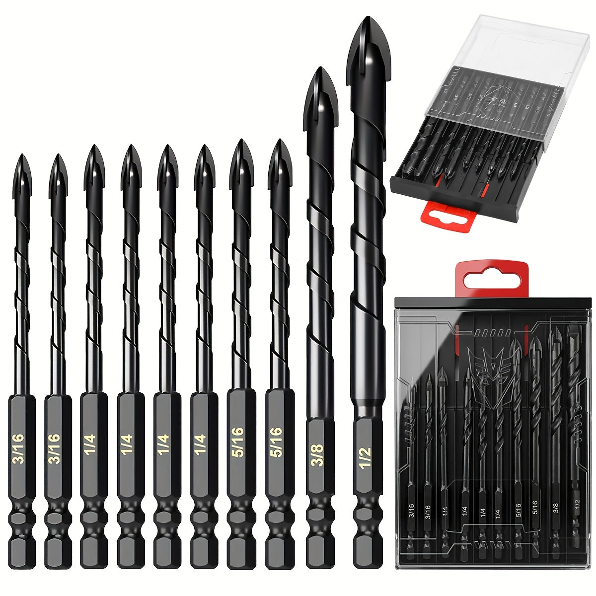 Set of 10 Masonry Drill Bits Suitable for Tiles, Bricks, Glass, Plastic, And Wood. Features Tungsten Carbide Tips for Use with Ceramic Tiles, Perfect As a Valentine'S Day Present
