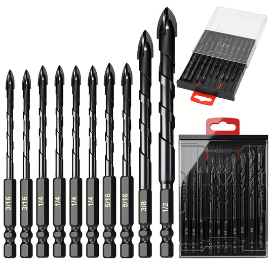 Set of 10 Masonry Drill Bits Suitable for Tiles, Bricks, Glass, Plastic, And Wood. Features Tungsten Carbide Tips for Use with Ceramic Tiles, Perfect As a Valentine'S Day Present