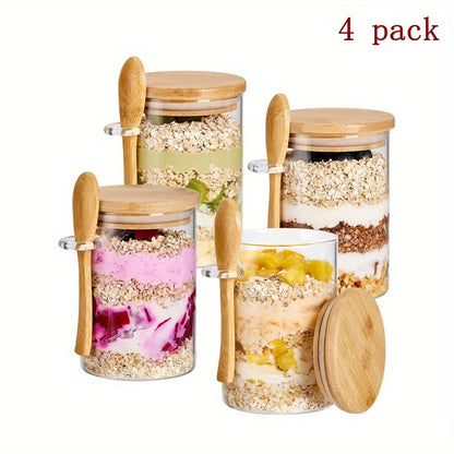 4/6pcs Dessert Bowl, Overnight Oats Containers with Lids, 18oz Overnight Oats Jars with Spoons, Salad Meal Prep Jar with Bamboo Lids for Chia Seed Pudding Salad Cereal Coffee Flour, Sourdough Starter Jar for Bread