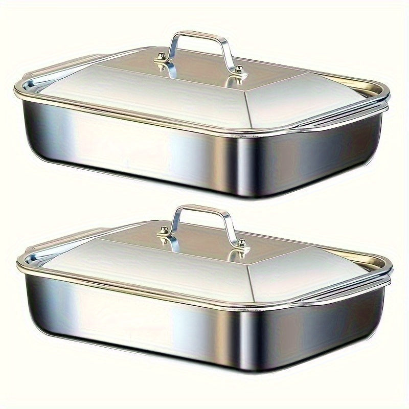 2/ 3 Sets of Stainless Steel Baking Trays with Portable Lids, Large Capacity, Suitable for Family Gatherings, Barbecues, Bread Desserts, Outdoor Camping Plates, Seafood And Buffets