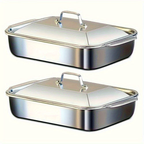 2/ 3 Sets of Stainless Steel Baking Trays with Portable Lids, Large Capacity, Suitable for Family Gatherings, Barbecues, Bread Desserts, Outdoor Camping Plates, Seafood And Buffets