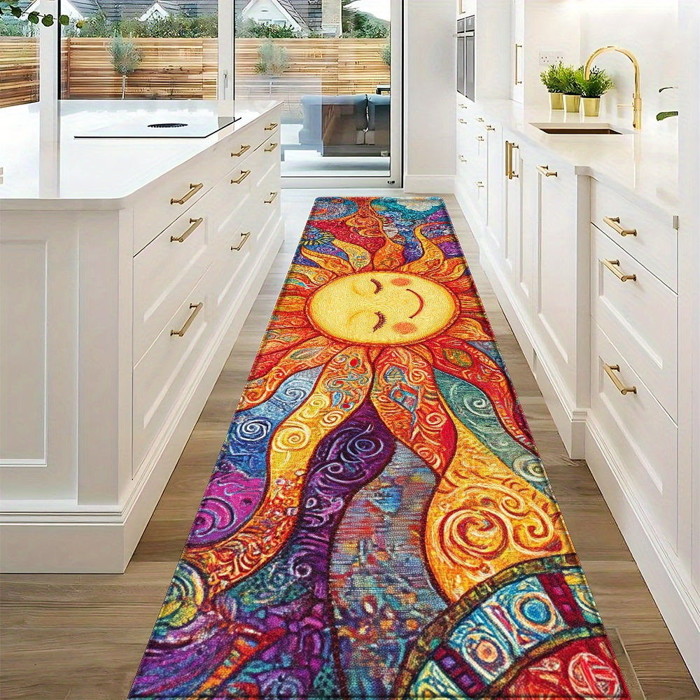 1pc of Bohemian Sun Totem Runner Rug Featuring a Colorful Mandala Pattern, Made of Soft Thick Polyester with a Non-Slip Backing. It'S Machine Washable And Ideal for Use in The Kitchen, Hallway, Living Room, Laundry Room, Or Bathroom