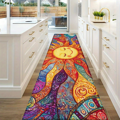1pc of Bohemian Sun Totem Runner Rug Featuring a Colorful Mandala Pattern, Made of Soft Thick Polyester with a Non-Slip Backing. It'S Machine Washable And Ideal for Use in The Kitchen, Hallway, Living Room, Laundry Room, Or Bathroom