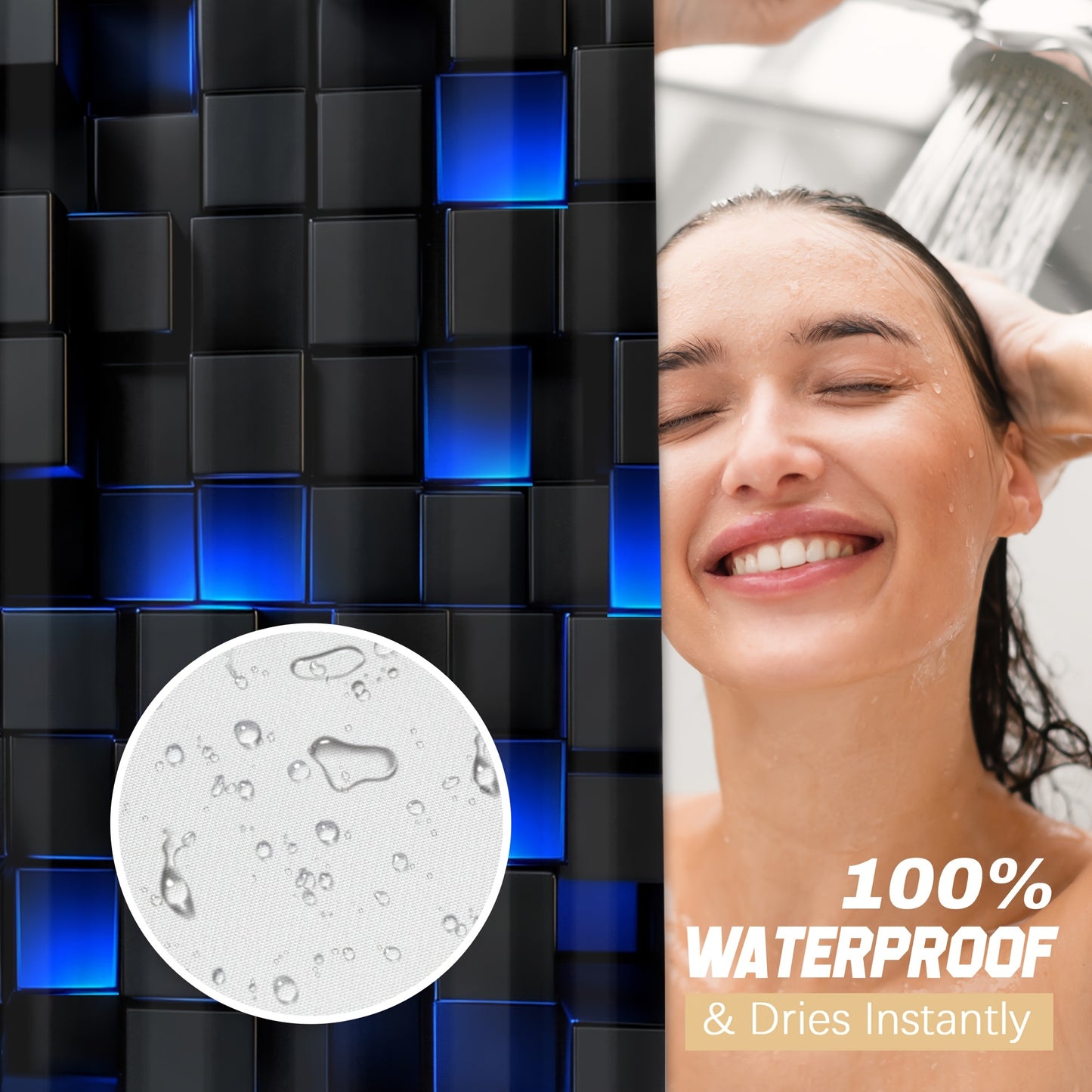 Complete Bathroom Set Featuring a Dark Blue Geometric Design, Including a Blue-Black Shower Curtain, 12 Hooks, a, And a Seat Cover, All with a Modern Abstract Cube Pattern